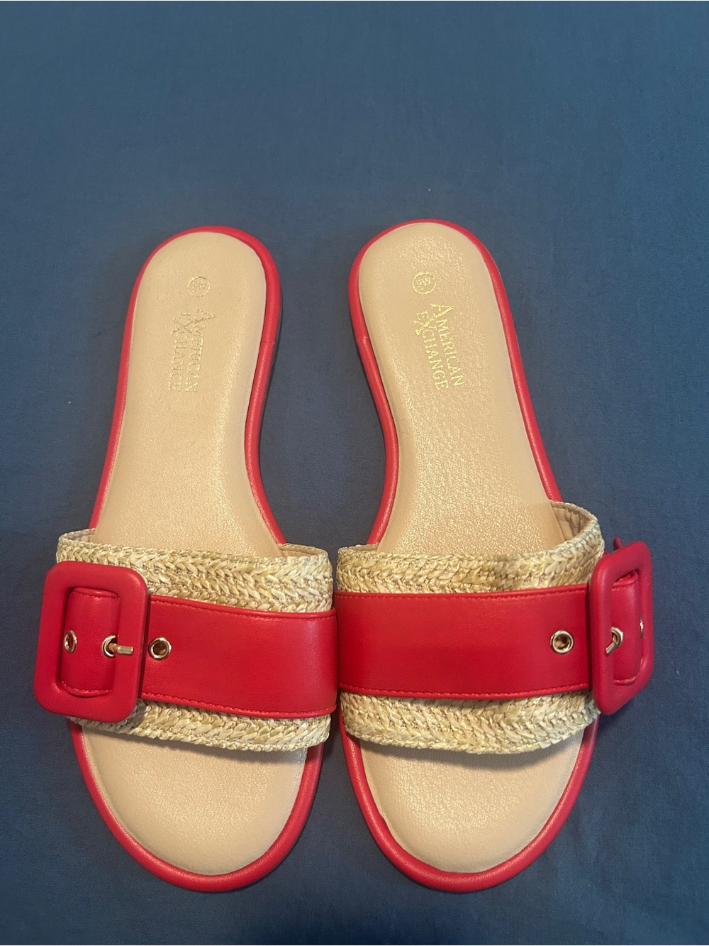 American Exchange Red & Natural Braided Buckle Slide Sandals